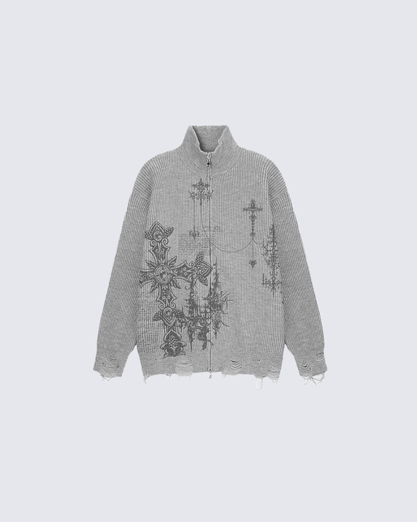 Gothic Embroidered Distressed Zip Knit Sweater