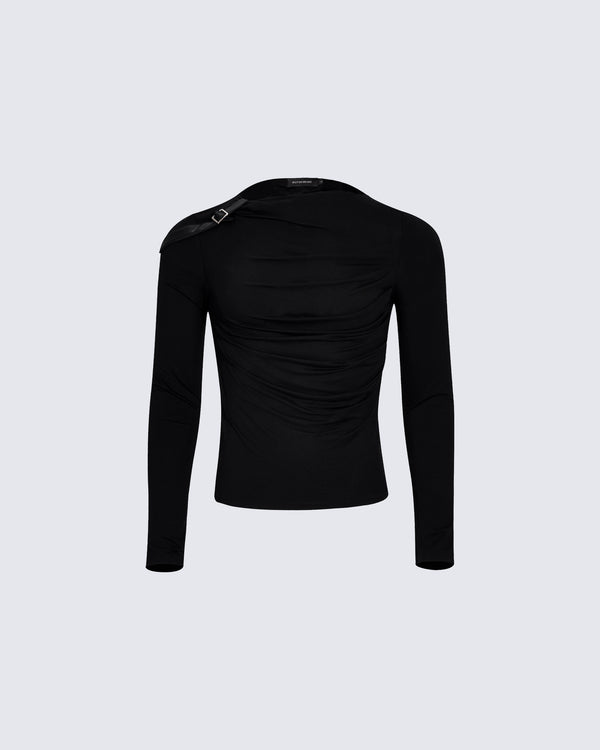 Black Ruched Long-Sleeve T-Shirt
