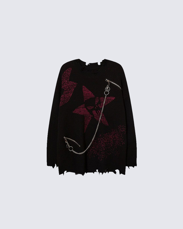 Punk Star Chain Distressed Knit Sweater
