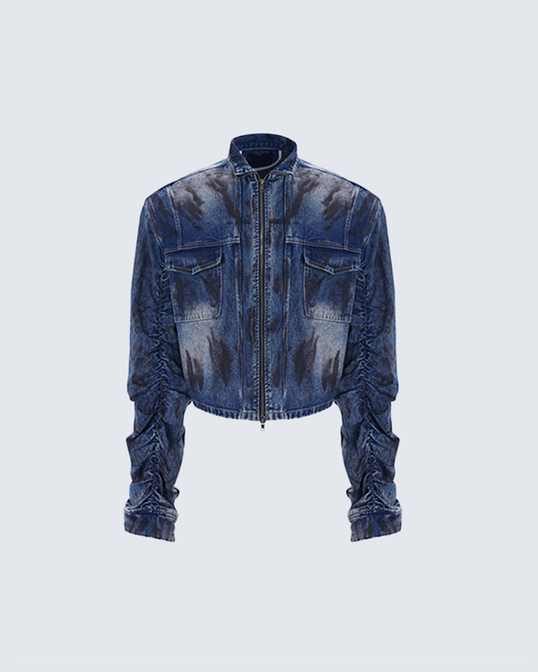 Blue Tie-Dye Denim Zip-Up Jacket