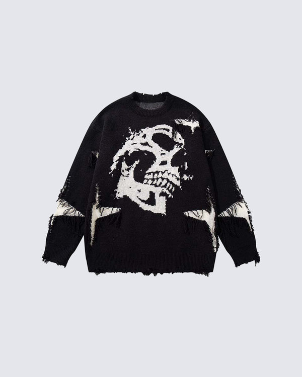 American Retro Skull Jacquard Raw-Edge Long-Sleeve Sweater