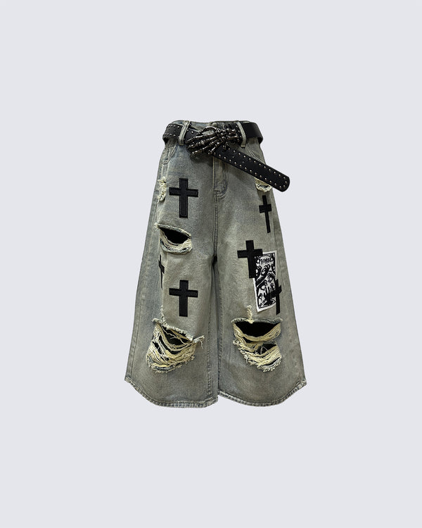 Gothic Cross Patched Distressed Denim Shorts