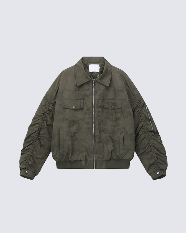 Ruched Sleeve Fleece-Lined Bomber Jacket