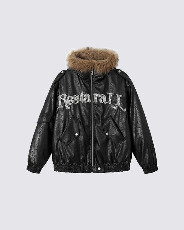 Faux Fur Collar Padded Biker Jacket