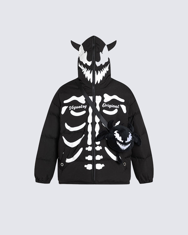 Skeleton-Printed Hooded Puffer Jacket