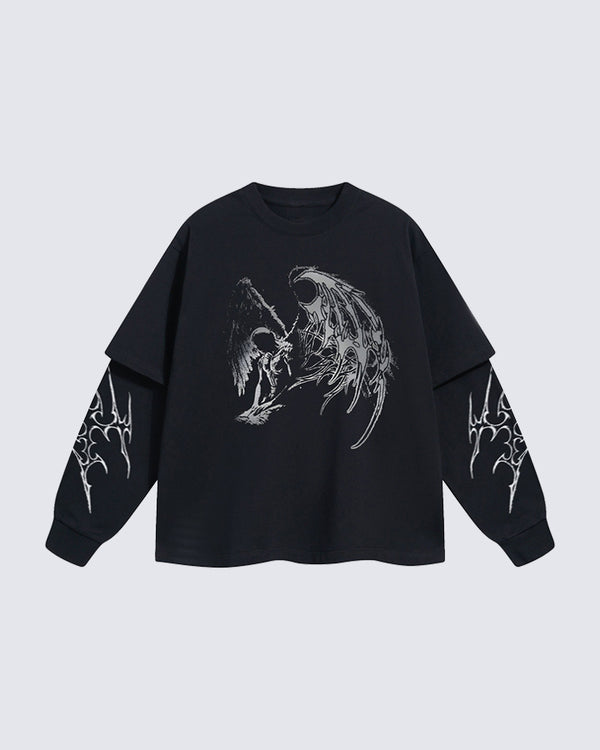 Dark Angel Print Mock Two Piece Long Sleeve T-Shirt