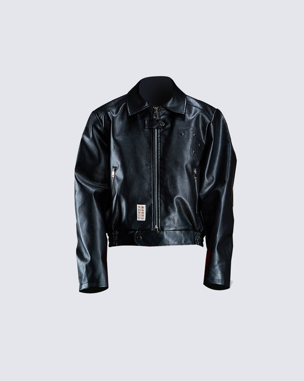 Graffiti Spray-Painted Lapel Short Faux Leather Jacket