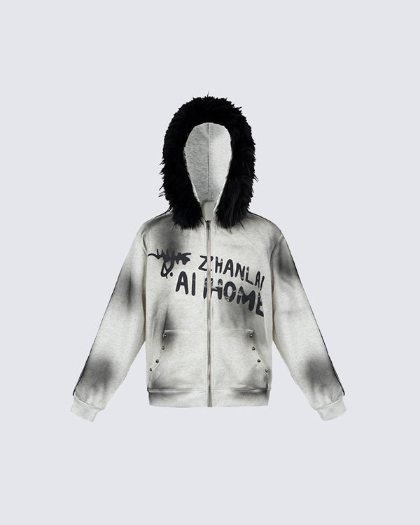 Gradient Faux Fur Hood Zip Hoodie