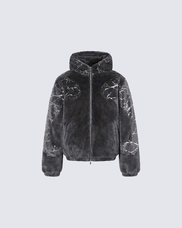 Silver Foil Segmented Faux Mink Fur Hooded Cardigan