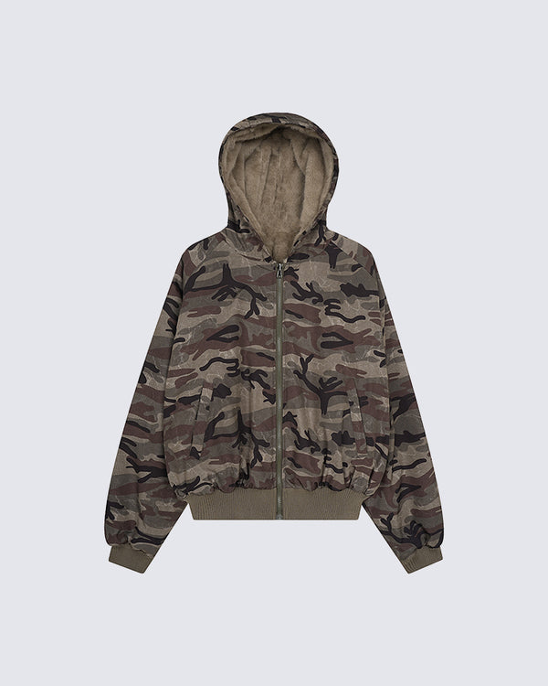 Faux Fur Hooded Camouflage Cotton Padded  Coats