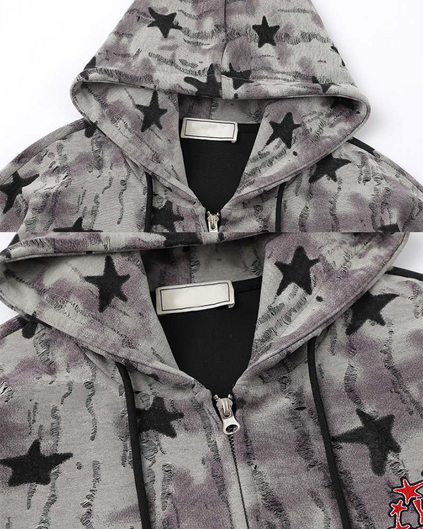 Star Pattern Distressed Zip-Up Hoodie