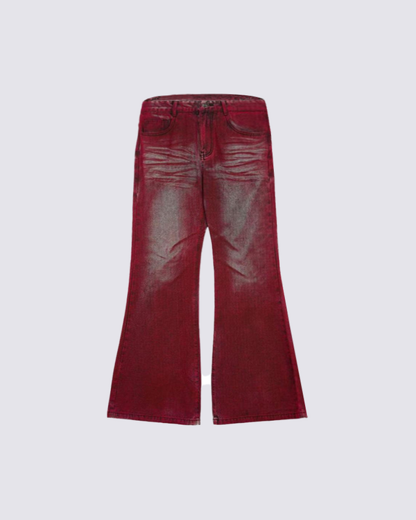 Crimson Fade Flared Jeans – Vintage Wash Statement Denim