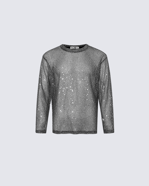 "MIDNIGHT GLIMMER" Sheer Sequin Mesh Long Sleeve Top