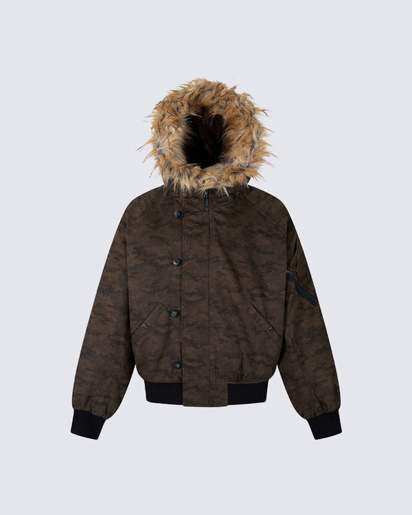 Camouflage Cotton Jacket with Removable Fur Hood