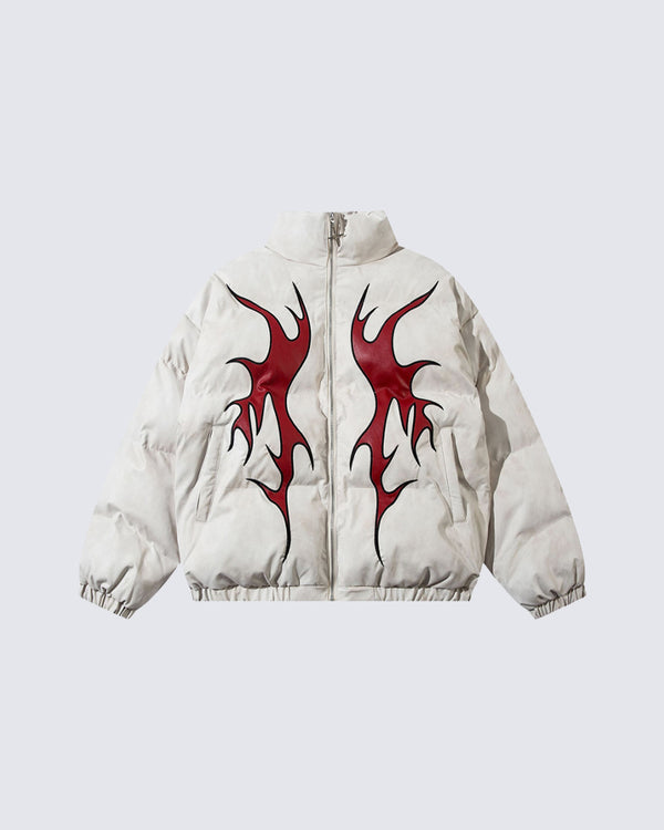 Flame Embroidered PU Leather Puffer Jacket