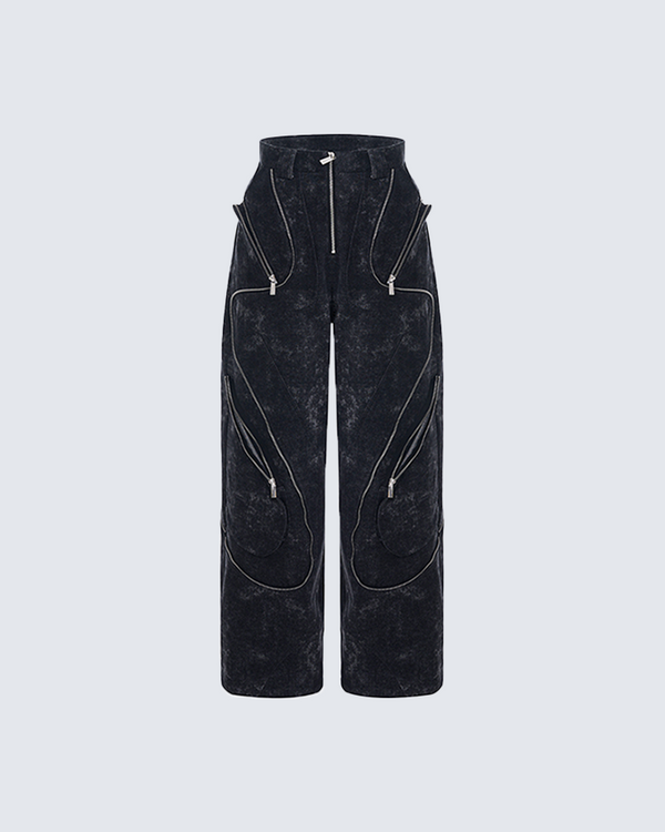 Deconstructed Metal Zipper Distressed Utility Pants