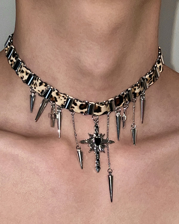 Leopard Print Studded Cross Choker Necklace