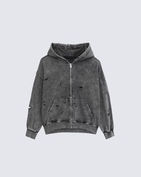 Distressed Washed Zip-Up Hoodie