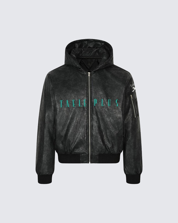 Cracked PU Leather Hooded Padded Jacket