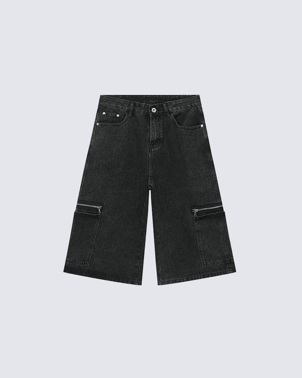 Metal Zipper Patchwork Workwear Denim Shorts