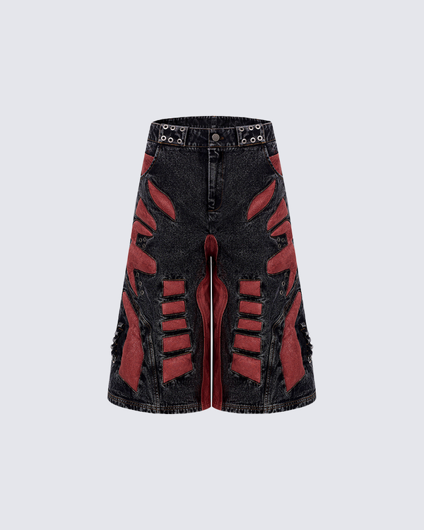 Cyber Armor Patchwork Denim Shorts – Red & Black Panel Design
