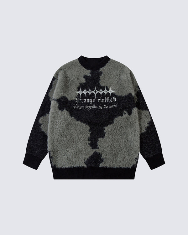 Letter Embroidered Color-Block Jacquard Crewneck Sweater