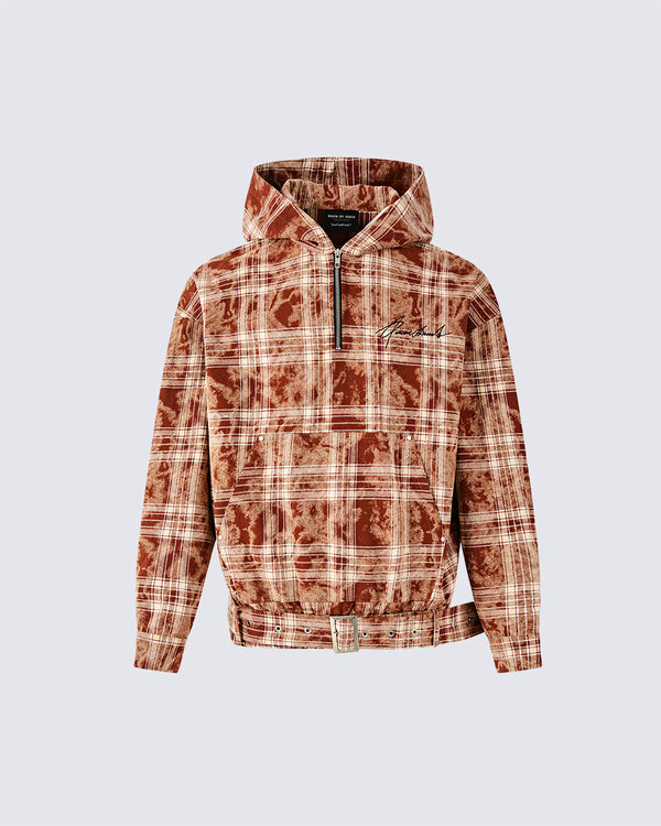 Vintage Plaid Zip-Up Hoodie in Brick Red