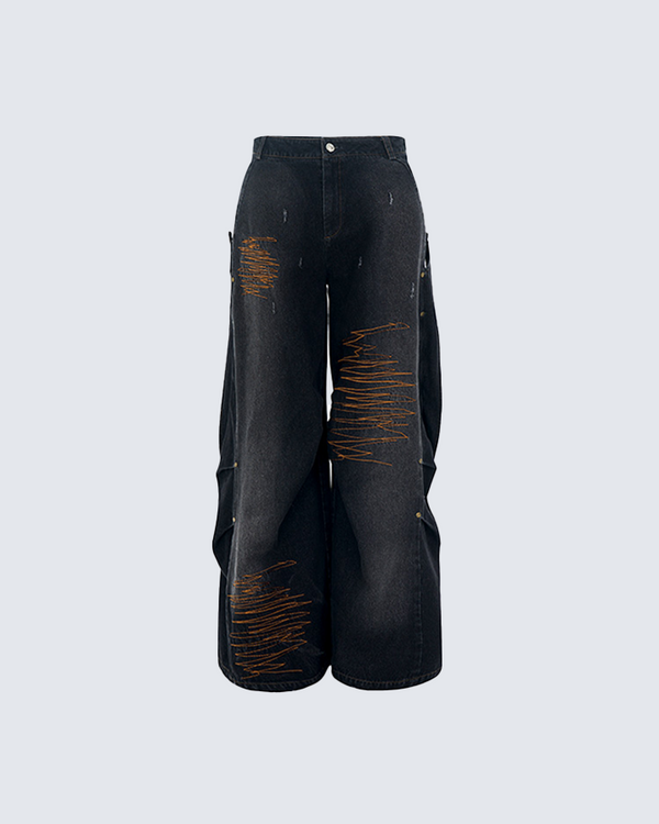 Distressed Black Denim Cargo Pants with Orange Stitching