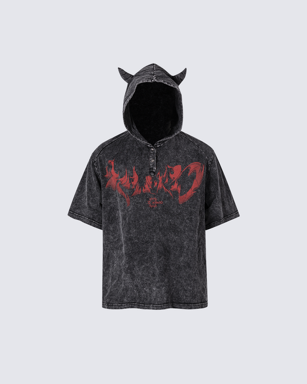 KIIKIO Devil Horn Short Sleeve Hoodie