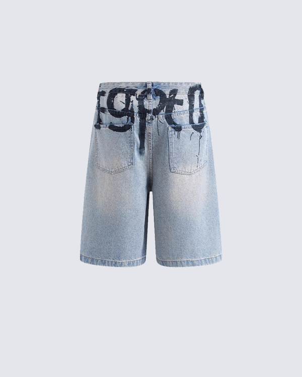 Graffiti Print Washed Denim Shorts