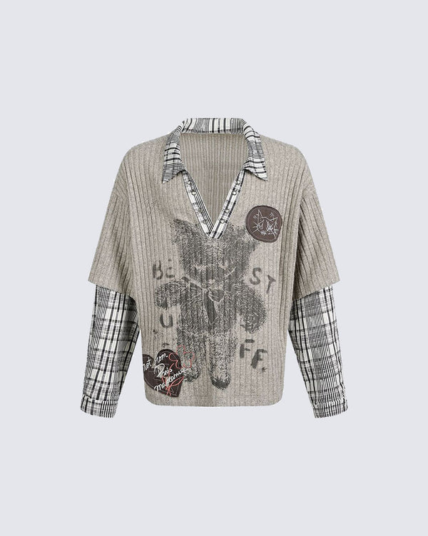 Autumn American Style Fake Two-Piece Long Sleeve Sweater