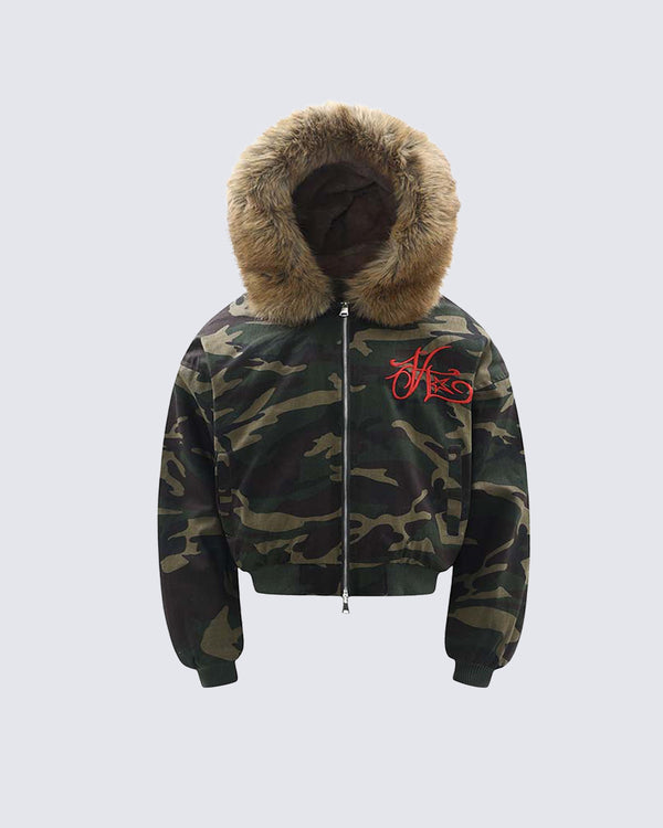 Camo Faux Fur Hooded Jacket with Detachable Collar