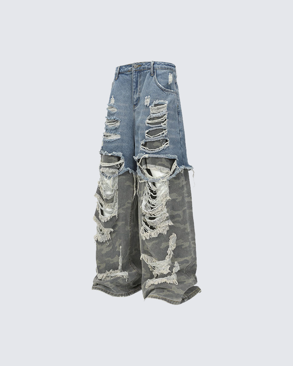 KIIKIO Distressed Wide-Leg Denim Cargo Pants