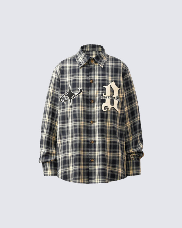 Vintage Letter Embroidered Plaid Shirt