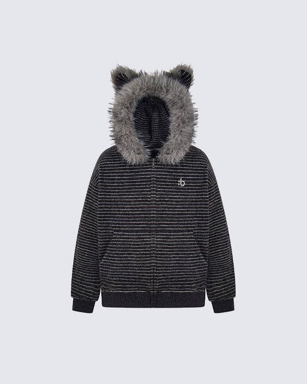 Autumn/Winter Striped Furry-Ear Hoodie