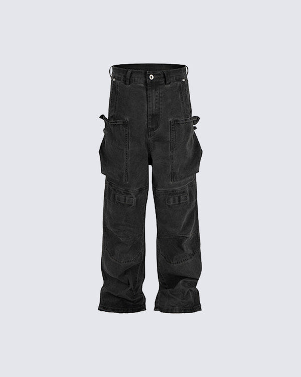 Multi-Pocket Black Cargo Loose-Fit Pants