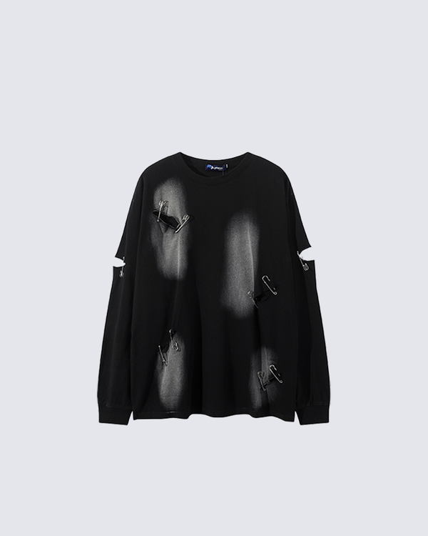 Grunge Safety Pin Distressed Long Sleeve T-Shirt