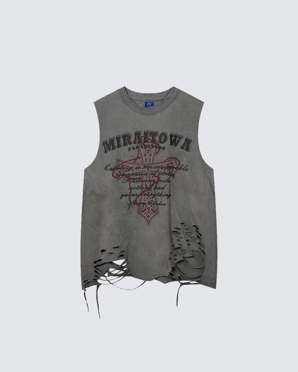 Distressed Graphic Letter Print Sleeveless Tee