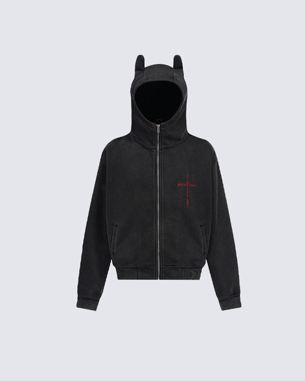 Washed Vintage “Little Devil” Zip-Up Hoodie