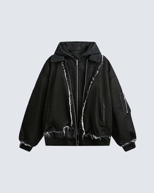 Oversized Black Bomber Jacket with Hood and Distressed Detailing