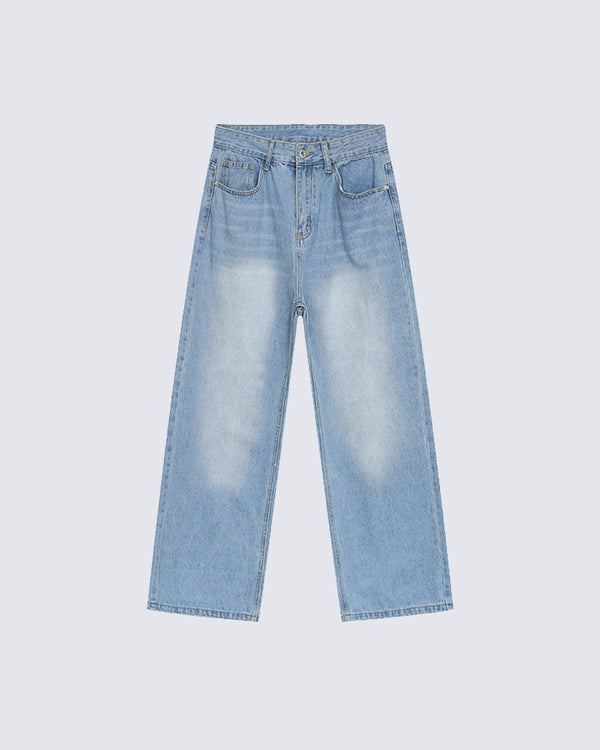 Simple Light Blue Straight Leg Loose Washed Jeans
