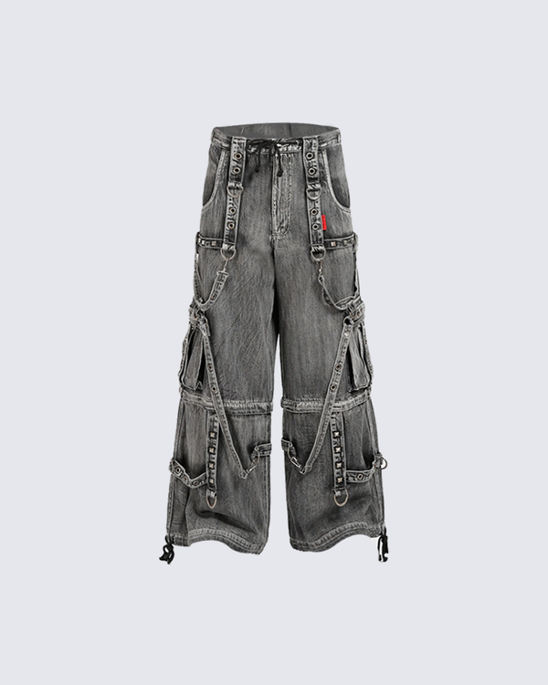 Washed Multi-Strap Wide Leg Cargo Pants