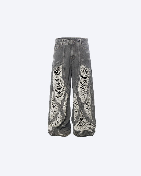 Shredded Distressed Wide-Leg Jeans – Charcoal Grey