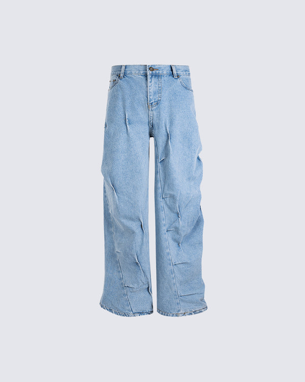 Wrinkled Washed Blue Twisted Trousers
