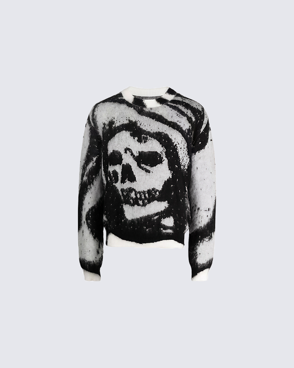 Skull Graphic Intarsia Knit Sweater