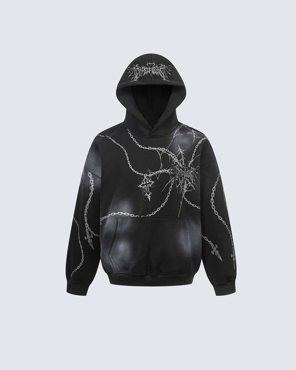 High-Street American Distressed Chain Cross Hoodie