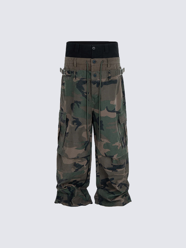 Layered Waist Camo Wide-Leg Cargo Pants