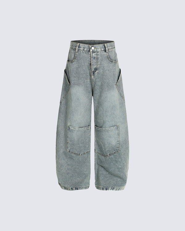 American Style Wide-Legged Denim Pants with Curved Hem