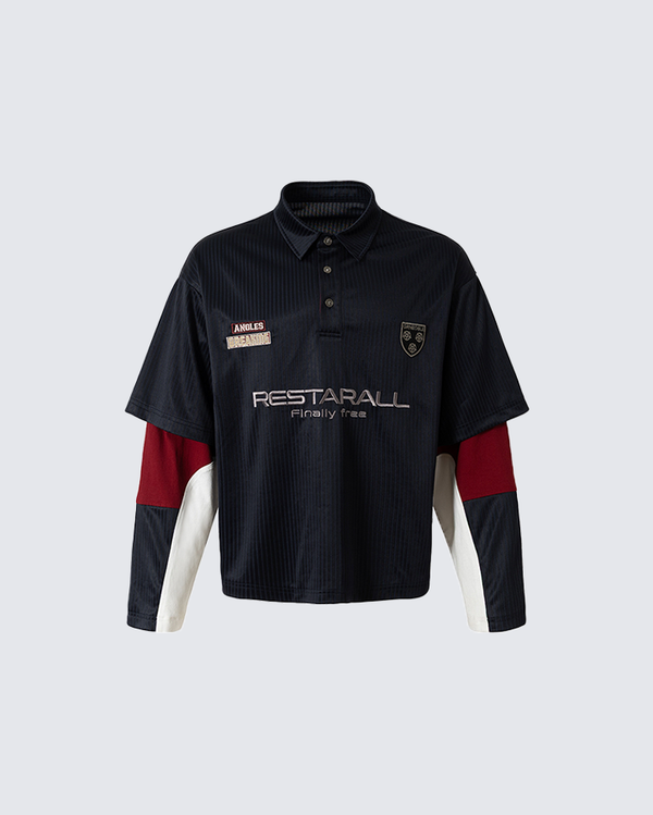 Colorblock Patchwork Polo Collar Long Sleeve T-Shirt