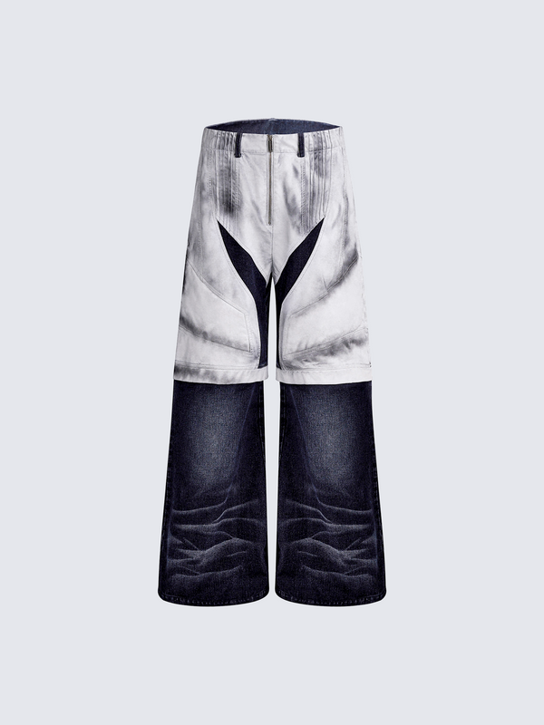 Contrast Panel Wide-Leg Two-Tone Denim Pants